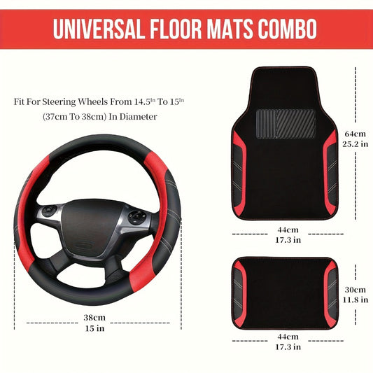 Steering Wheel Cover & Waterproof Car Floor Mats Combo Set – Microfiber Anti-Slip Universal Fit 14.5-15 Inch for 95% Sedan SUV Cars – Sporty Comfortable Design (Black & Blue / Beige / Red / Pink / Gray)