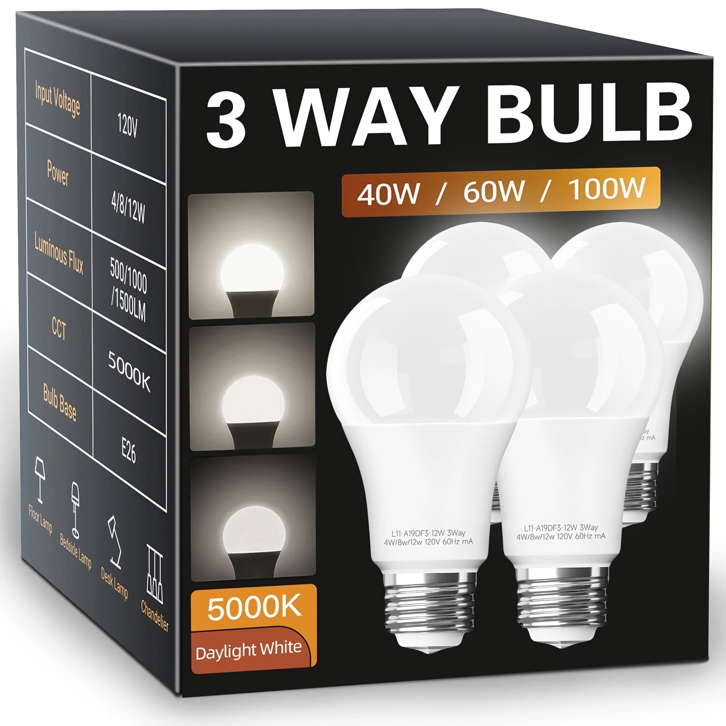 Three-Way A19 LED Bulbs with E26 Base, 1500 Lumens and 2700 K or 5000 K Light, Four-Pack for Floor and Table Lamps
