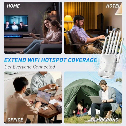 8500 Sq Ft WiFi Range Extender 6-Antenna - High-Speed Wireless Repeater with Ethernet Port, Plug and Play WPS Setup, for Home Office Online Gaming 4K Streaming, White