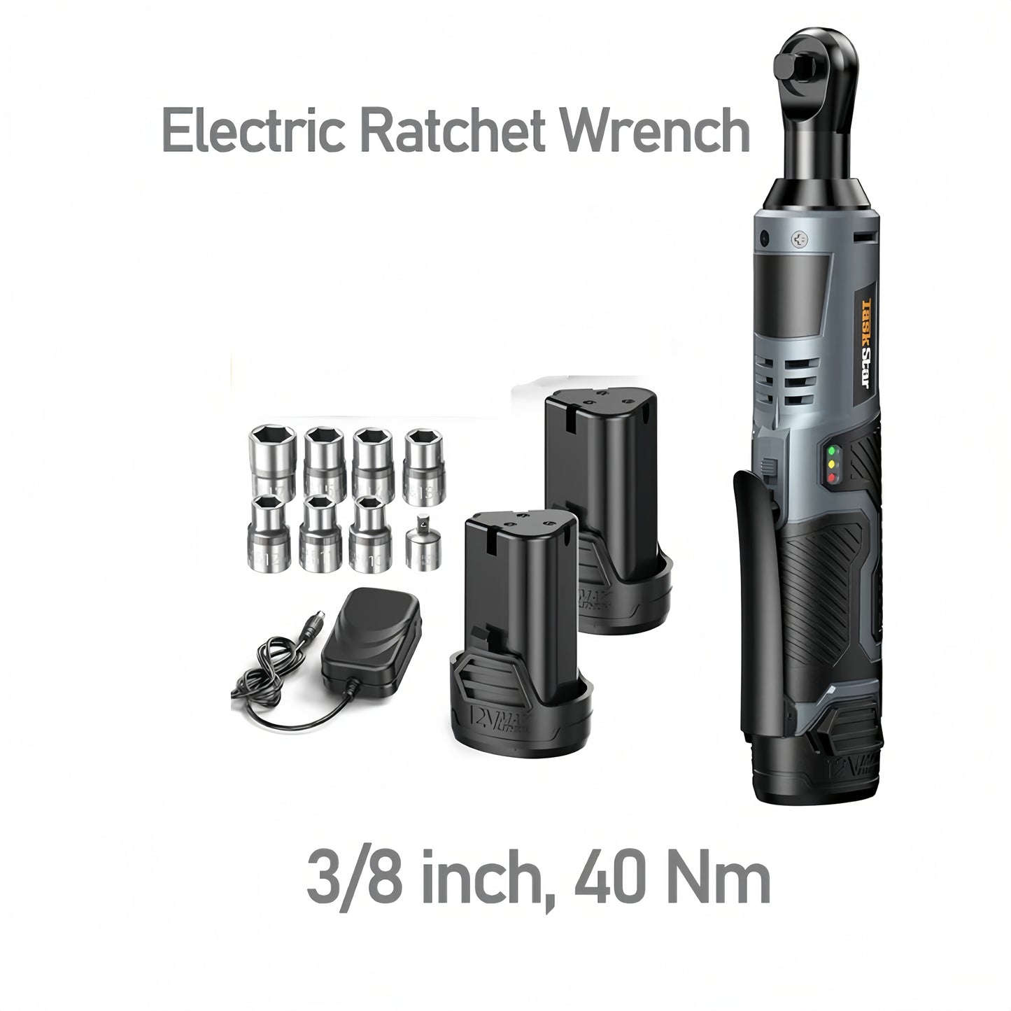 Power Tools TaskStar 3/8 Inch Cordless Ratchet or Wrench Set with 40 Nm Ratchet Option and Variable Speed
