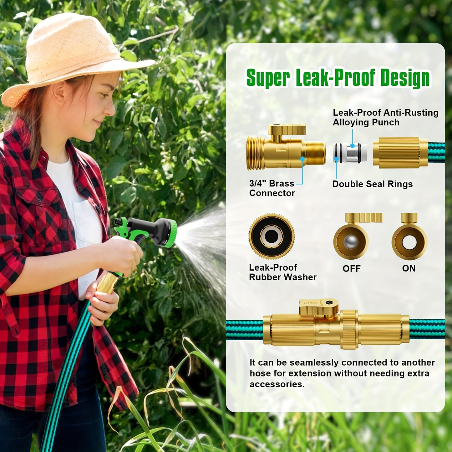 Expandable Garden Hose with 10-Function Nozzle | 3/4" Brass Fittings, Leakproof, Durable Rubber – 15 to 100FT