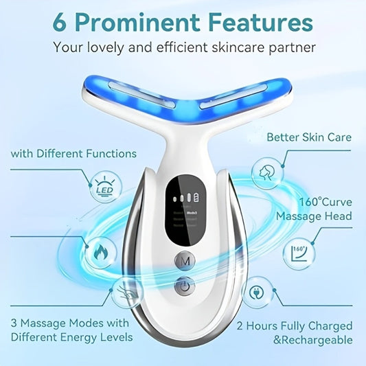 Face & Neck Massager 7-in-1 LED Light Therapy USB Rechargeable - Multifunctional Facial Lifting Skin Tightening Anti-Aging Wrinkle Reduction Beauty Device - Self Care Gift for Mom Women
