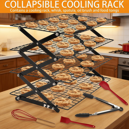 Foldable Cooling Rack Set – Stackable Oven Cookie Cake Drying Rack with Free Baking Tools (Silicone Spatula, Egg Beater, Tongs, Brush) | 3/4/5 Tier Options for Kitchen, Camping & Holiday Baking