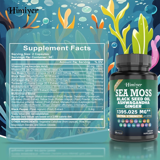 Sea Moss Capsules 3-Pack 180ct with Black Seed Oil Ashwagandha Turmeric Vitamin C D3 — Superfood Supplement for Energy Immunity Thyroid Gut Health Men Women