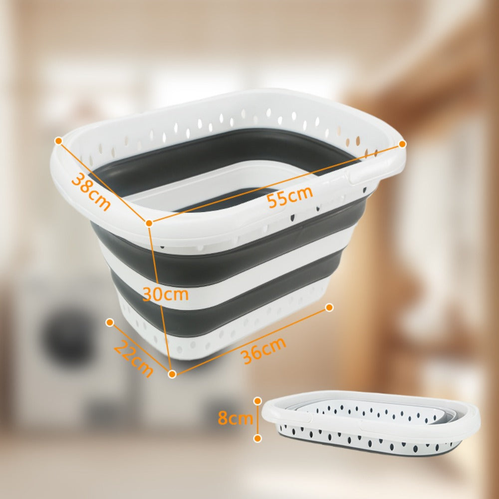 16-Gallon Collapsible Plastic Laundry Basket in Gray and White with Folding Walls and Carry Handles