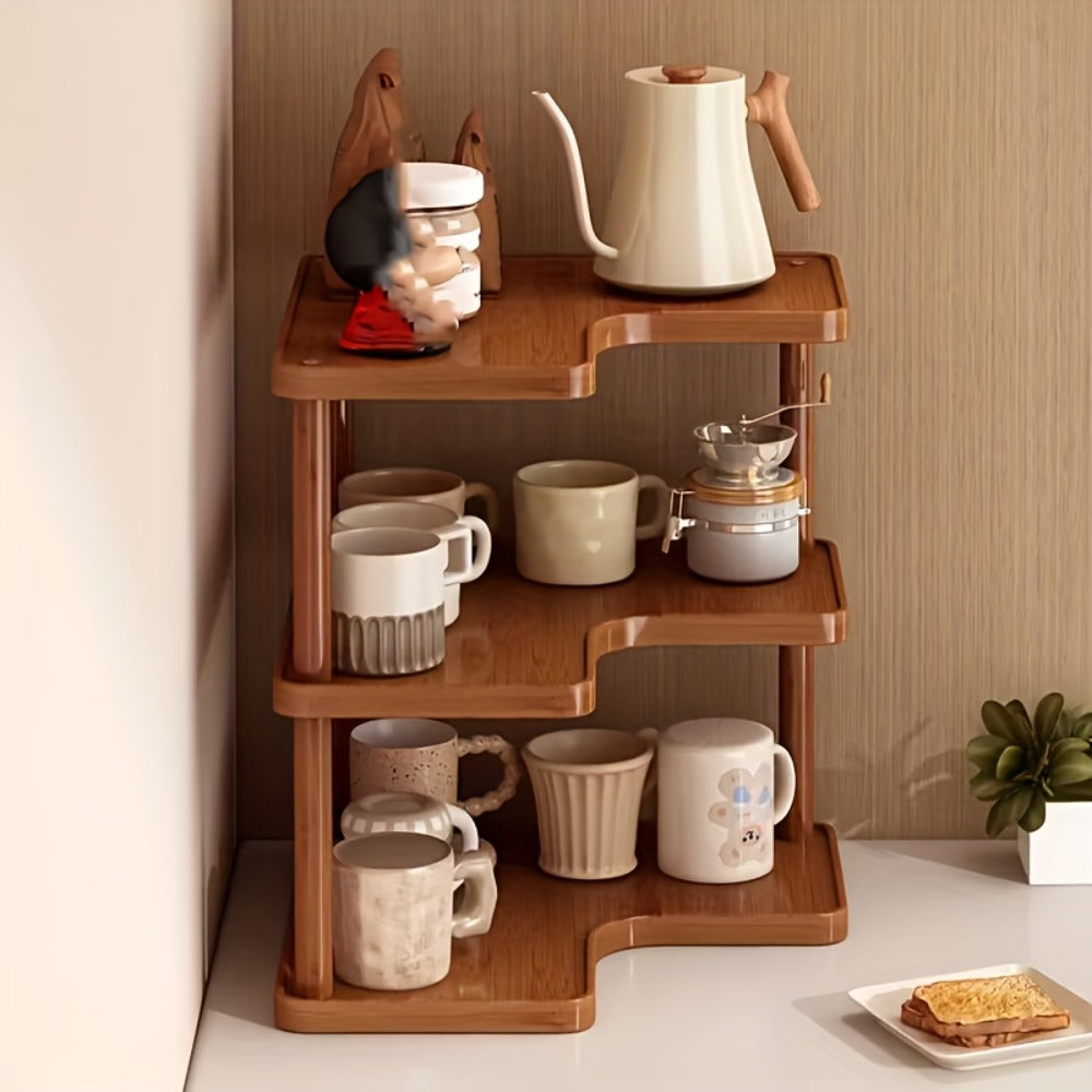 Corner Shelf Kitchen Organizer 3-Tier Brown Triangular Countertop Rack for Coffee Station Accessories
