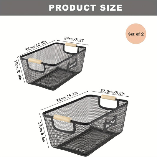 Metal Dog Toy Storage Basket Set with Wooden Handles – 2-Pack Mesh Wire Organizer Bin for Dog Toys, Collars, Blankets & Accessories
