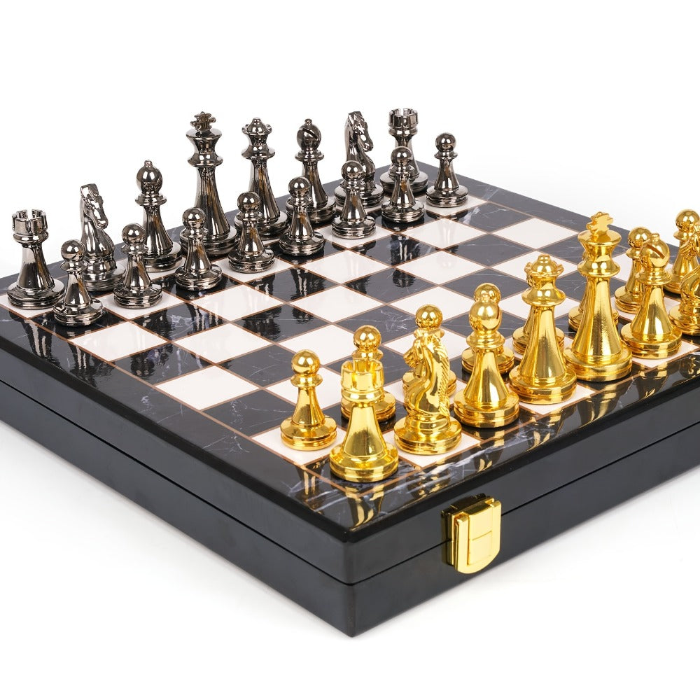 Metal Chess Set with 11.5-Inch Marble-Look Storage Board, Zinc Alloy Pieces and Extra Queens