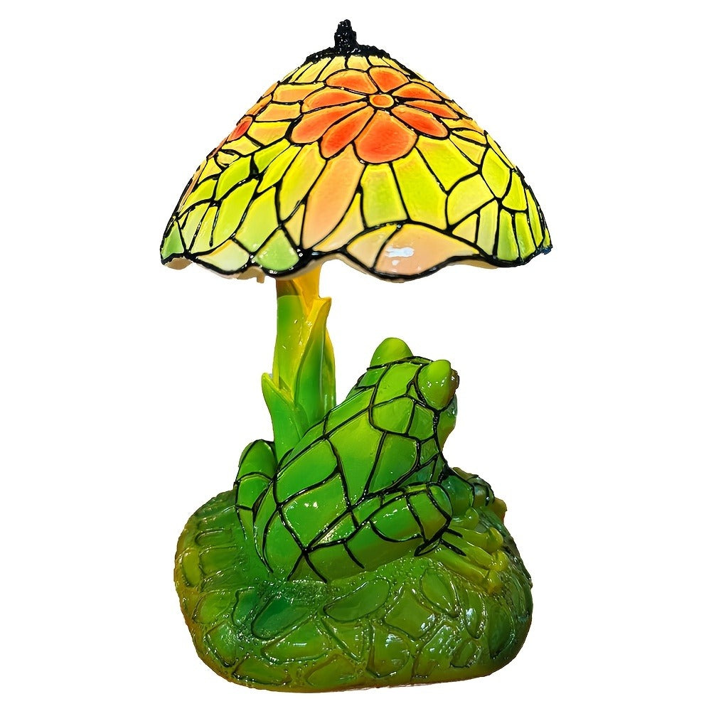 Table Lamp with 3D Frog Base, Floral Art-Glass Shade and Single Corded Decorative Design for Bedside Decor