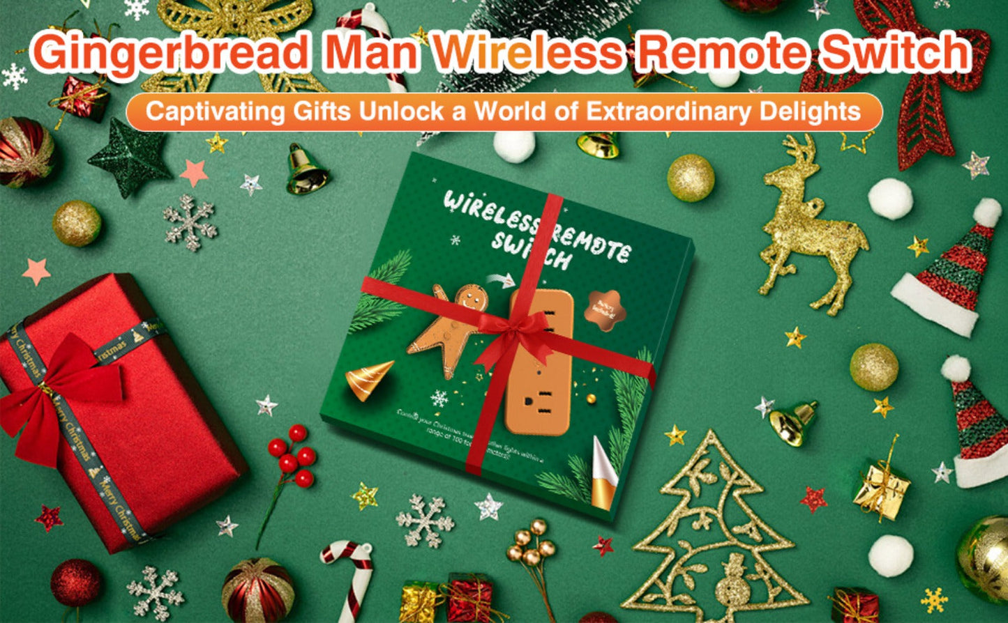 Christmas Tree Remote Control Socket with Built-in Music Function – Wireless 100-Foot Range Outlet Switch for Holiday Lights & Decorations, Gingerbread Design, Easy Plug-In Setup