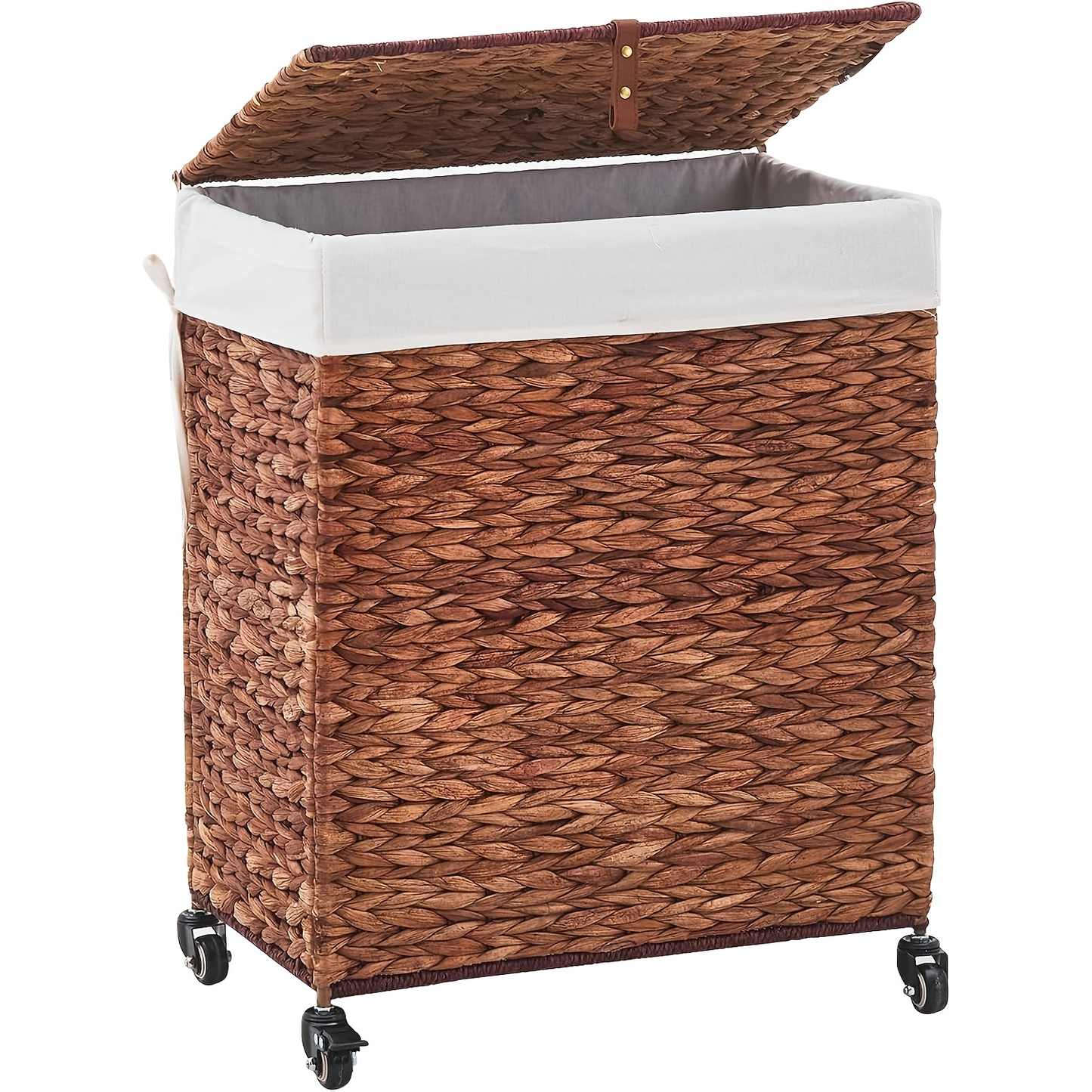Laundry Basket with Lid & Handles - Handwoven Water Hyacinth Wicker Hamper, Removable Cotton Liner, 2 Mesh Bags, Boho Style, 9.25/17.17/25.1 Gal with Optional Casters