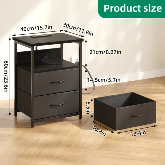Nightstand with Charging Station & LED Light – USB Ports Outlets Fabric Drawers | PU or Clear Acrylic Desktop | 1pc or 2pcs Matching Set | Smart Bedside Table for Bedroom Dorm Student Room Black White
