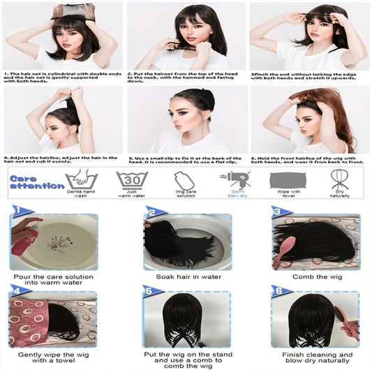 Synthetic Wig 12-Inch Straight Bob with Bangs and Rose Net Cap in Four Color Finishes for Daily Style