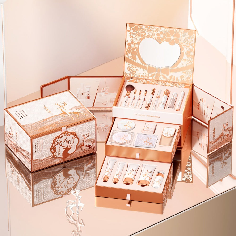 Rose-Gold Makeup Gift Box with Four-Pan Face Palette, Eyeshadow Palette, Lip and Eye Products and Makeup Brushes