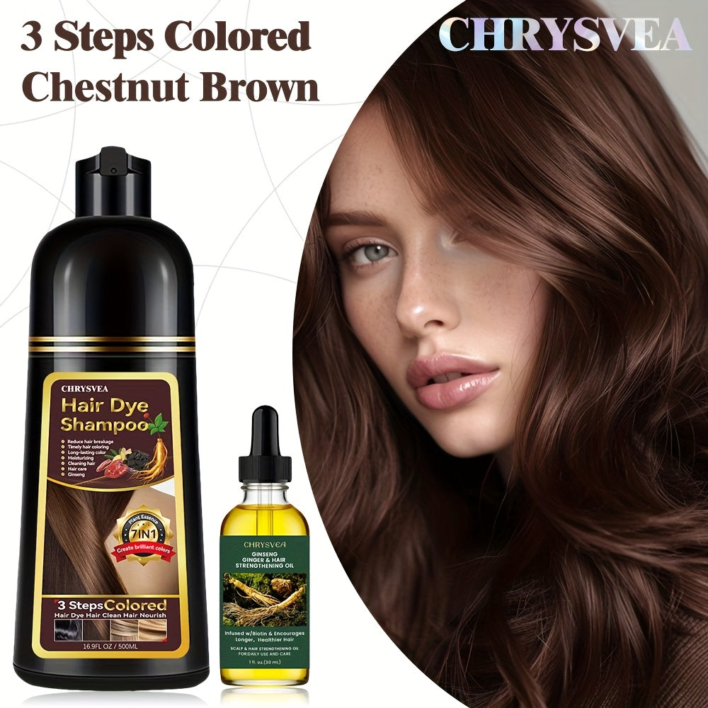 Hair Dye Shampoo, CHRYSVEA 500ml Bottle with 30ml Hair Oil and Nine Shade Options Set for At-Home Color Selection