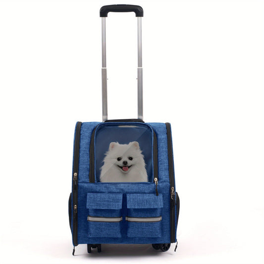 Rolling Pet Carrier with Wheels | 2-in-1 Trolley Cat Carrier Bag, Airline Approved, Telescopic Handle, Detachable Soft-Sided Travel Bag with Shoulder Strap, Zipper Closure & Safety Leash for Cats Dogs