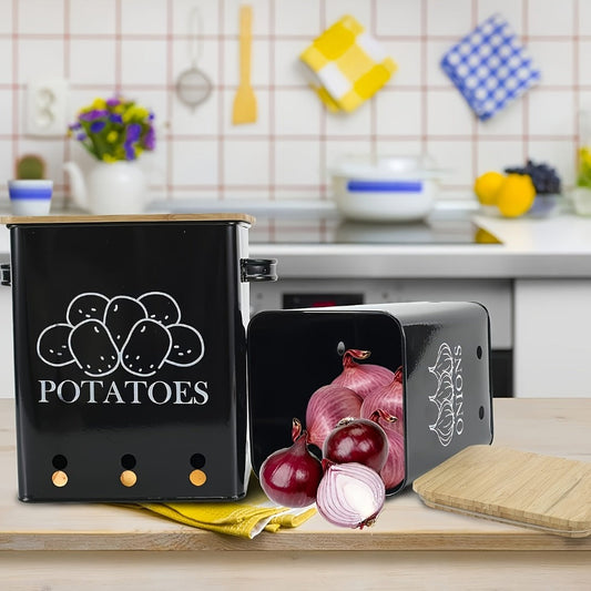 Kitchen Storage Canister Potato Onion Storage Bin Aerating Ventilation Holes Wooden Lid for Home Cooking, Dining and Outdoor Meals