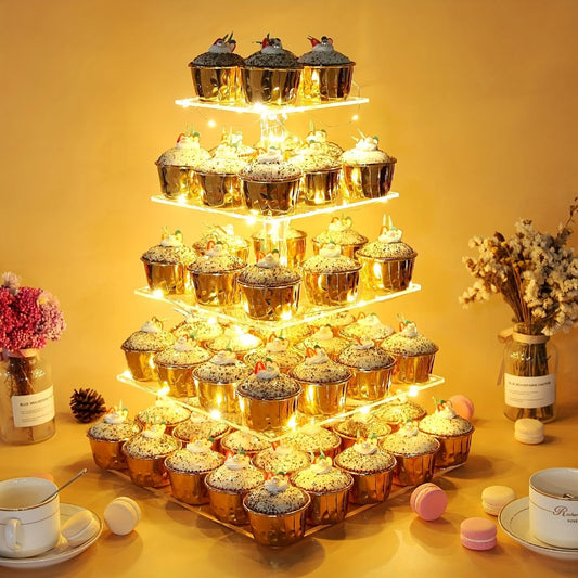 5-Tier Acrylic Cupcake Stand with LED String Lights – Square Dessert Display Tower for 60 Cupcakes Birthday Wedding Baby Shower Tea Party Elegant Transparent Cake Display Rack Easy to Assemble