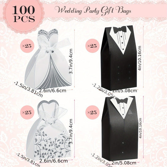 100 Pcs Wedding Party Favor Boxes Dress & Tuxedo Candy Gift Boxes with Ribbon – Vintage Bridal Shower Birthday Treat Bags Bulk Decoration