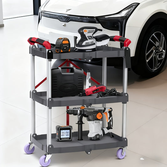 3-Tier Rolling Cart Collapsible Service Utility Cart on Wheels 56 LBS Per Shelf, Portable Folding 3 Shelf Cart Heavy Duty for Kitchen Office Garage Workshop