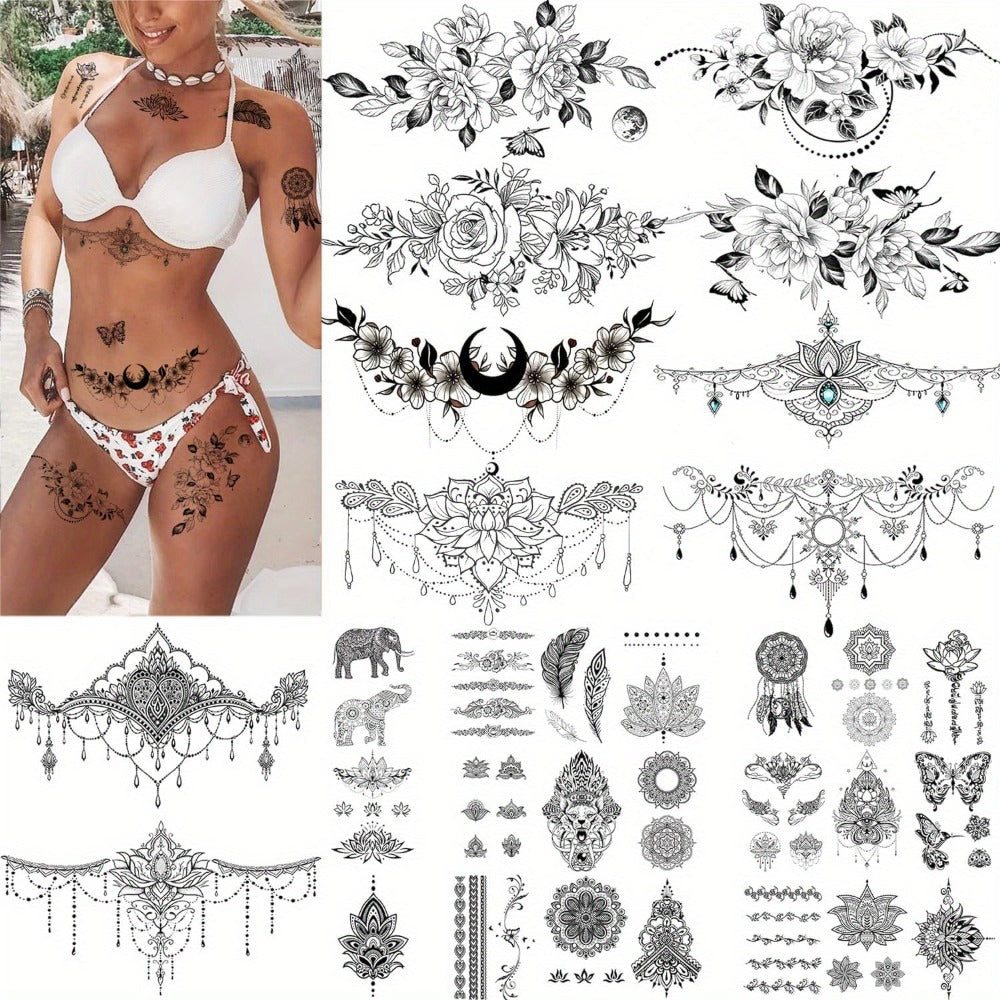 Large Temporary Tattoos for Women 60+ Pcs, 10 Realistic Waterproof Fake Tattoo Stickers for Chest Neck Underboob Arm Shoulder, Bold Body Art Designs for Festival Rave Pool Party Bachelorette Gift