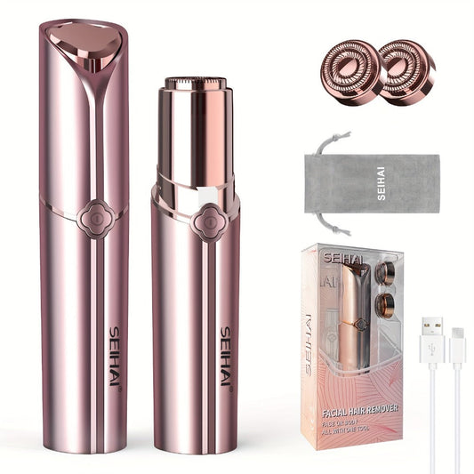 Electric Shaver for Women USB Rechargeable Epilator Hair Remover Face Bikini Legs Arms Underarms Portable Body Trimmer with Velvet Pouch 2 Replacement Heads Painless Compact Travel-Ready Multi-Purpose