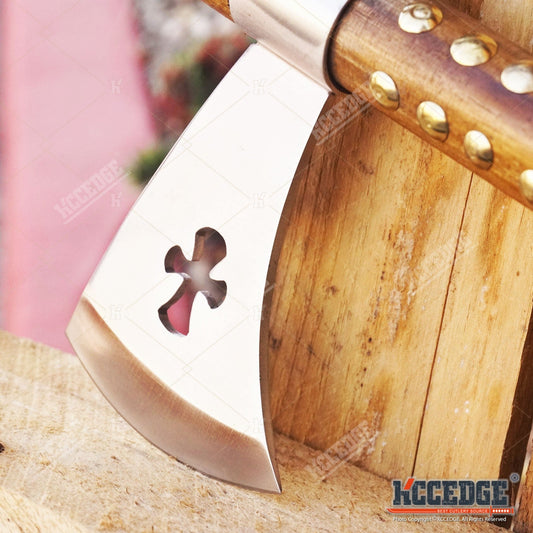 Native American Tomahawk Hatchet Replica 19in, Decorative Peace Pipe Axe with Wooden Handle, Feather & Brass Accents