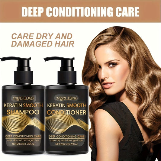 Keratin Shampoo and Conditioner Set Repairs Breakage Split Ends Moisturizes Scalp for Color-Treated Heat Damaged Dry Frizzy Hair All Hair Types Women Men 200ml Each