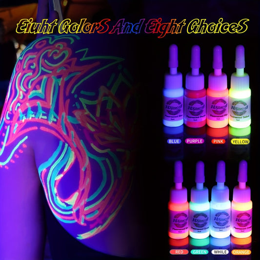 Tattoo Ink 8-Color UV Fluorescent Set with 5ml Bottles and Gallery-Shown Full Neon Color Range