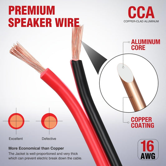 CCA Speaker Wire 16AWG – Red & Black Copper Clad Aluminum 2-Conductor DC Cable for Car Audio, Radio, Amplifier & Home LED Strip Lights (12V/24V, Flexible Spool)
