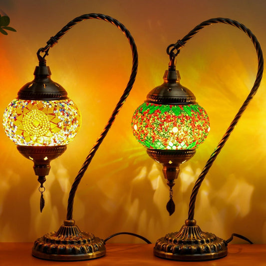 Table Lamp with Swan-Neck Mosaic Glass Shade, Metal Base, Six Color Options and Three White-Light Modes