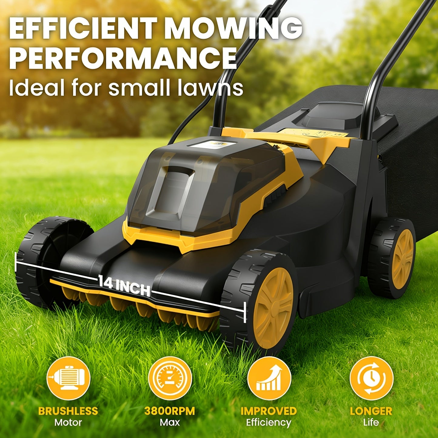 Brushless Cordless Lawn Mower 20V Compatible with Dewalt 20V MAX Battery 14-Inch 700W Pure Copper Motor 3-Level Height Adjustment 7.4-Gallon Grass Catcher Foldable Lightweight Push Mower Tool Only