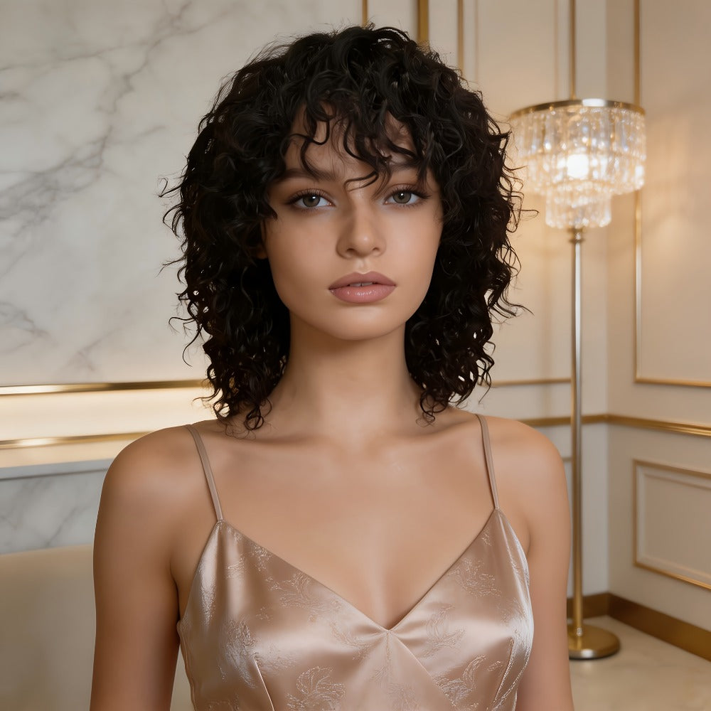 Wavy Elf-Cut Human Hair Wig with Bangs, Rose Mesh Cap and Black 10-Inch Layered Short-Hair Style
