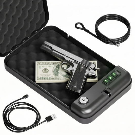 Gun Safe - Portable Pistol Safe Box with Electronic Password & Key Access, USB-C Powered, Silent Mode, Compact Security Lock Box for Home, Car, Travel, Office & Dorm