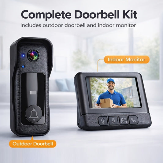 WiFi Video Doorbell with 4.3 Inch Indoor Monitor | Waterproof Night Vision Two-Way Audio Rechargeable Battery | Auto Photo Video Recording Senior Friendly Real-Time Monitoring