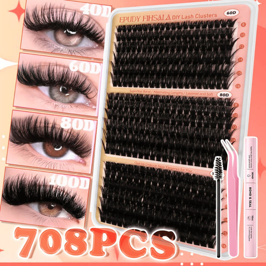 708Pcs Mixed Density Lash Clusters Kit 8-16mm 30D-100D Mega Volume with Glue Tweezers & Brush – Soft Reusable DIY Cluster Lashes for Natural to Dramatic Salon-Style Eye Makeup at Home