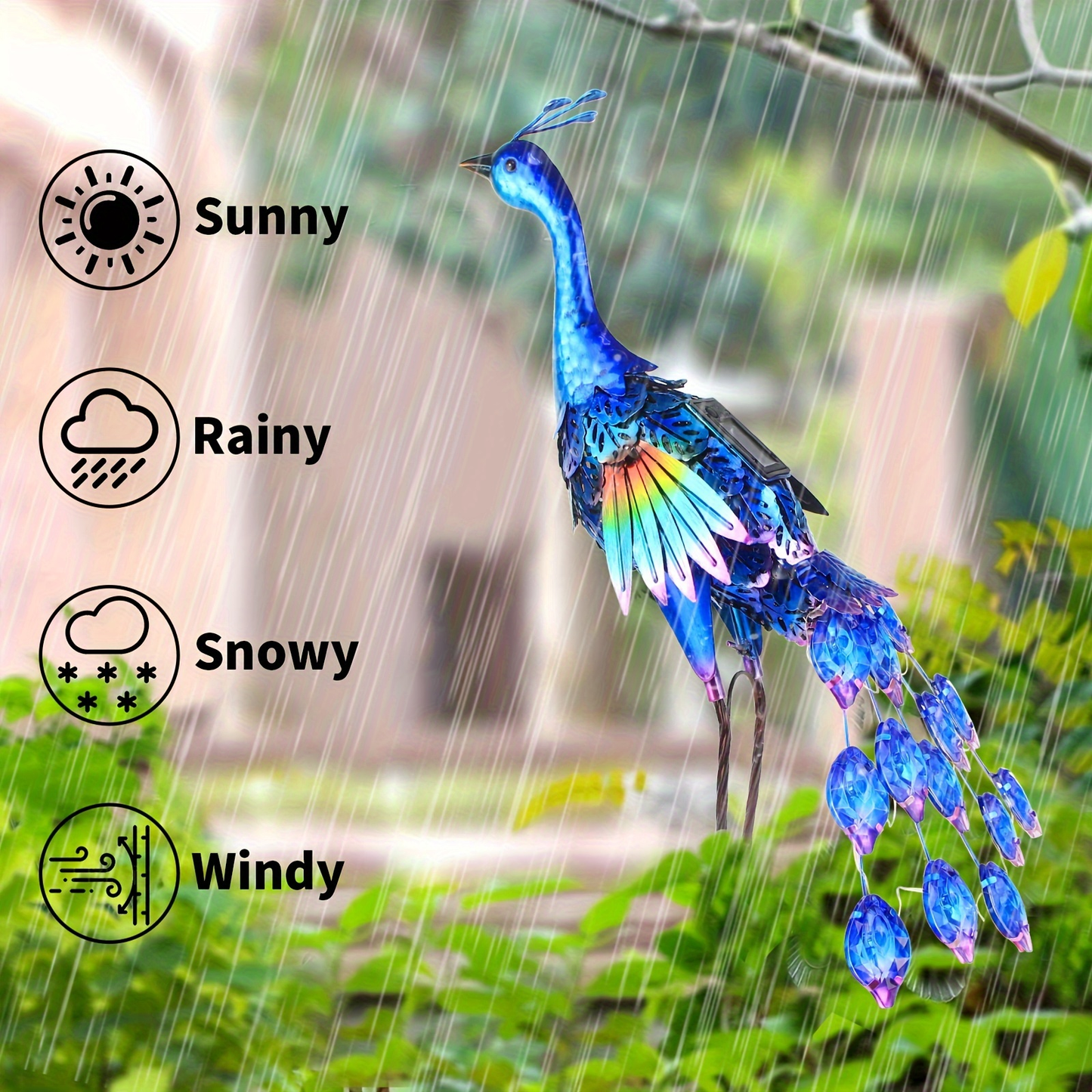 Solar Peacock Garden Statue with Blue Metal-Look Body, Hollow Feather Panels and Flickering Tail LEDs