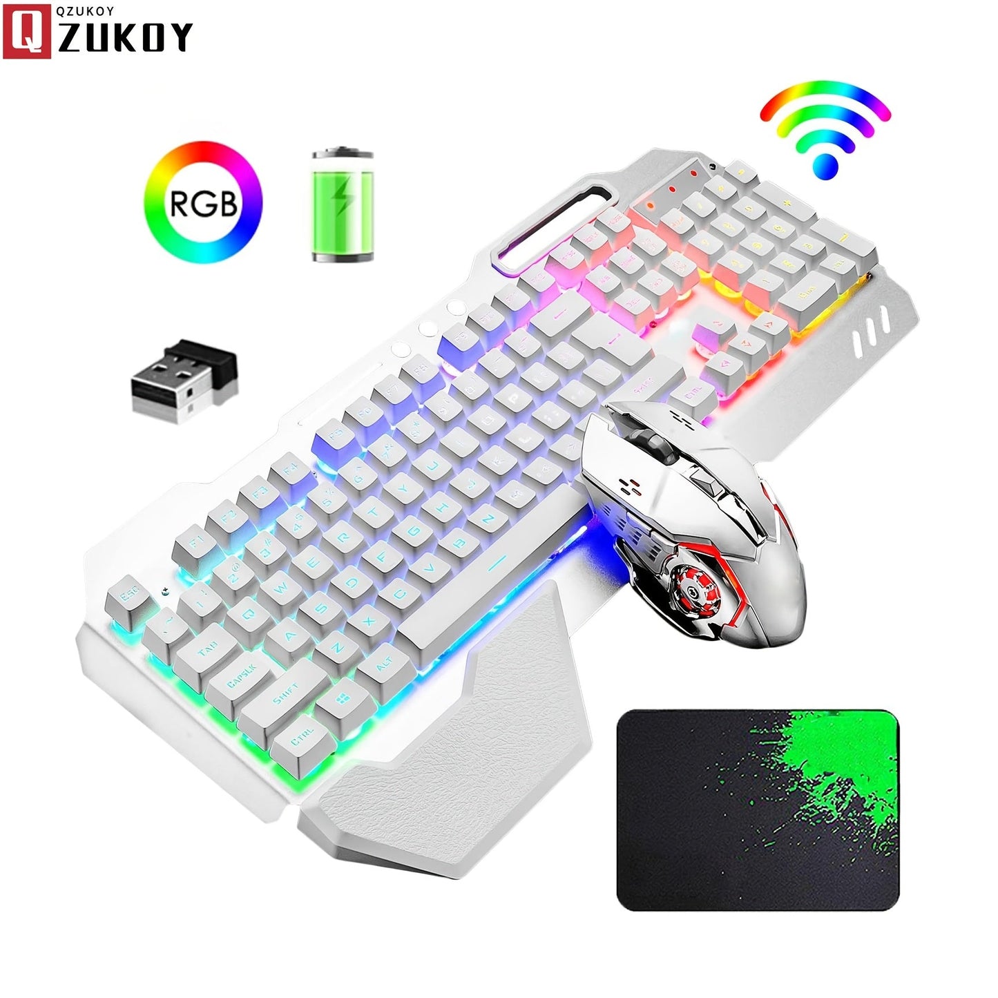 RGB Wireless Gaming Keyboard and Mouse Combo 2.4GHz Rechargeable Backlit Mechanical Feel Metal Panel for PC Laptop Desktop Black White Gamer Gift