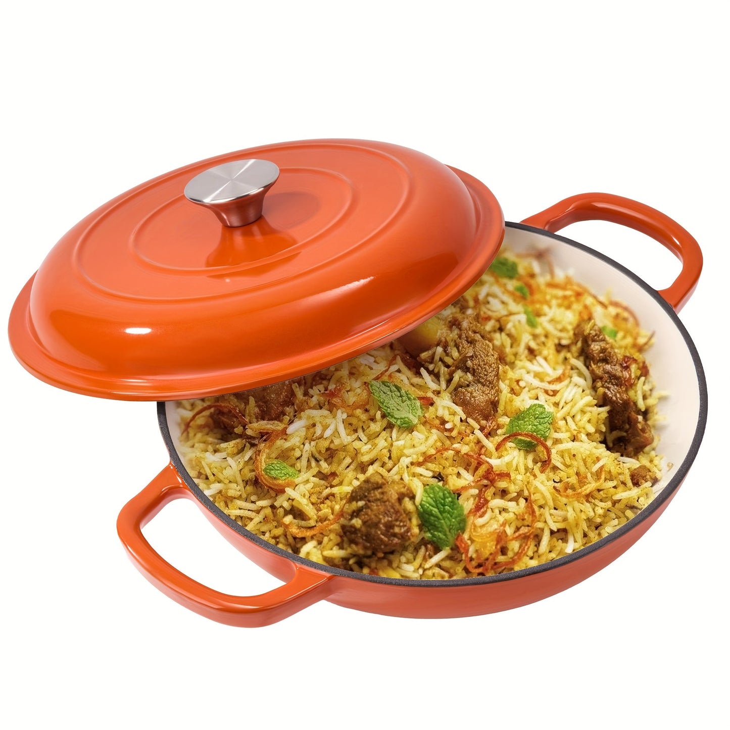 3QT Enameled Cast Iron Dutch Oven Braiser with Shallow Round Body, Fitted Lid and Three Colors