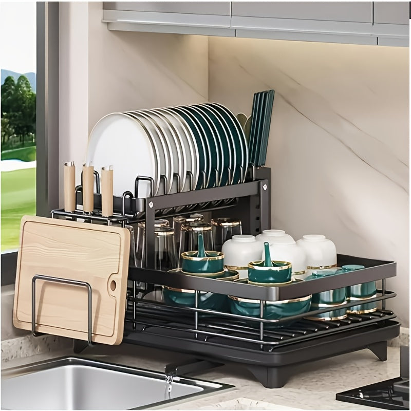 Two-Tier Dish Drying Rack, Metal Countertop Organizer with Cutlery Holder, Cup Holder and Drip Tray