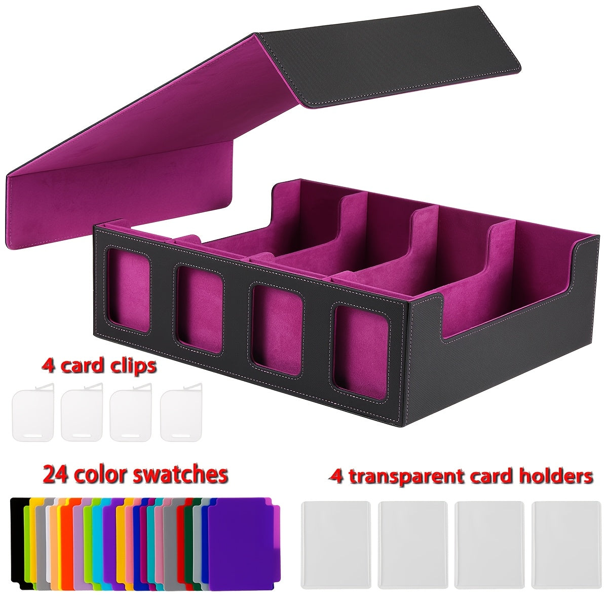 Four-Row Trading Card Storage Box with Display Windows, Four Colors and Pictured Divider Accessories