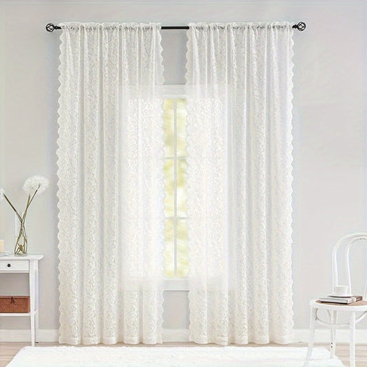 Sheer Curtain Rod Pocket Floral Lace Semi-Sheer Window Panel for Living Room Bedroom Kitchen Bathroom, 100% Polyester, Machine Washable, White Light Green Coffee