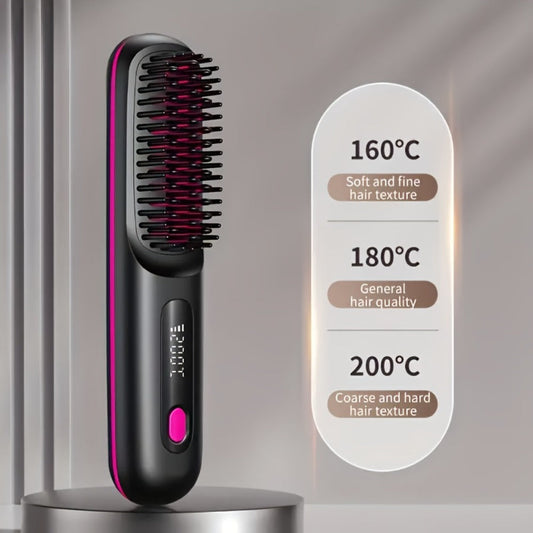 Portable Wireless Hair Straightener Comb USB Rechargeable 3-Speed Temp Control Negative Ion LED Display Lightweight for Travel
