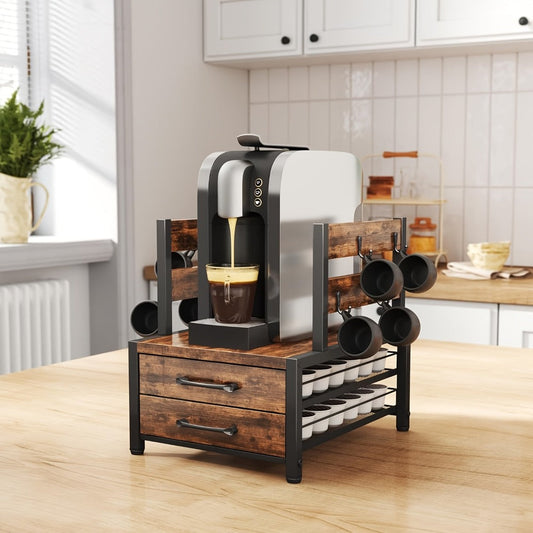 Coffee Capsule and Mug Rack Kitchen Organizer Single or Double Layer Countertop Stand in Rustic Brown