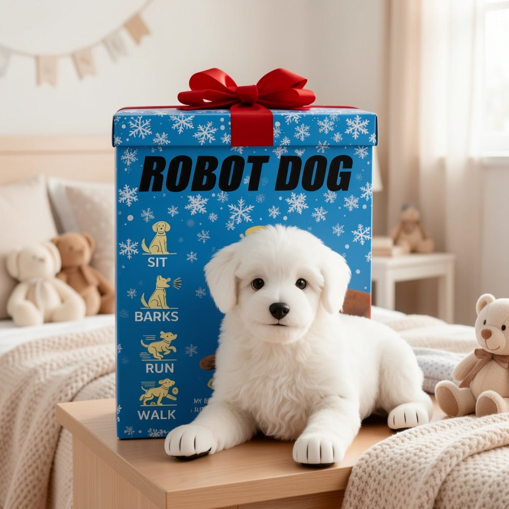 White Electronic Plush Robot Puppy Toy with Walking and Barking Box Icons in a White Gift-Box Option
