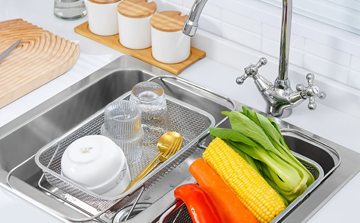 Expandable Stainless Steel Colander & Drain Basket, Adjustable Strainer for Vegetables, Fruits & Kitchen Sink Use