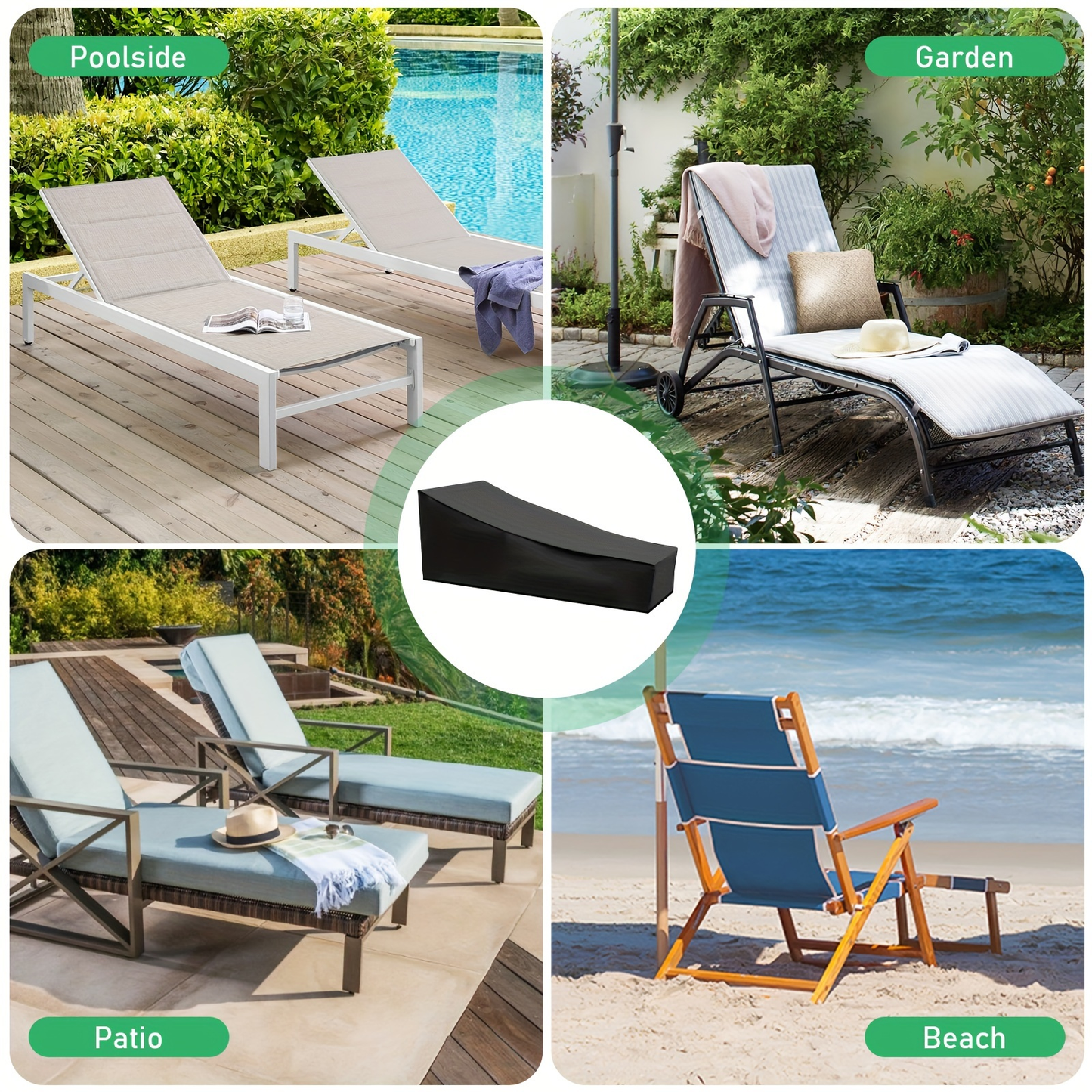 Black Chaise Lounge Cover with 210-by-80-by-75 cm Profile, Hem Cord and Pictured Storage Bag