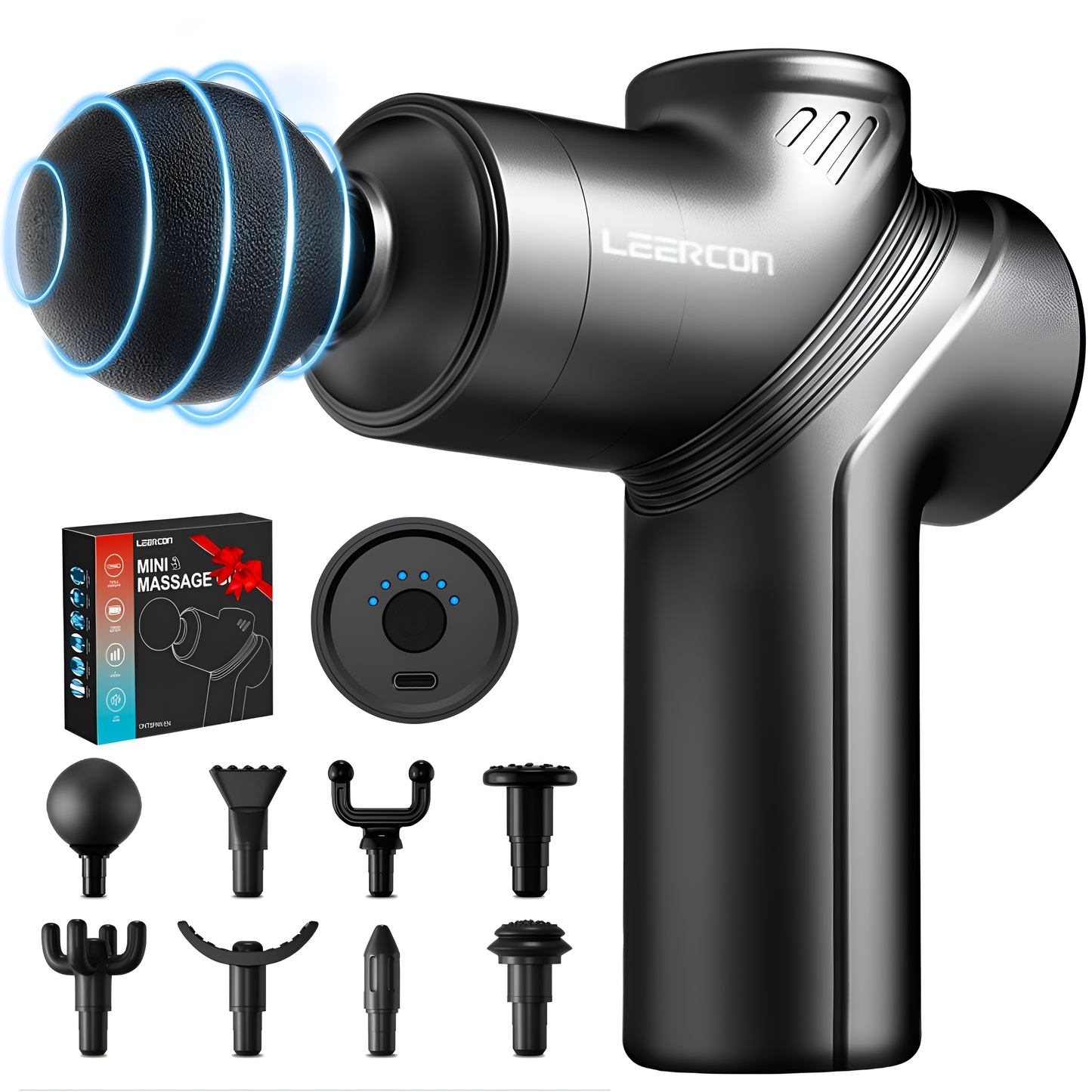 Compact Massage Gun with Six Speed Settings, Four or Eight Interchangeable Heads and Blue or Black Finish Options