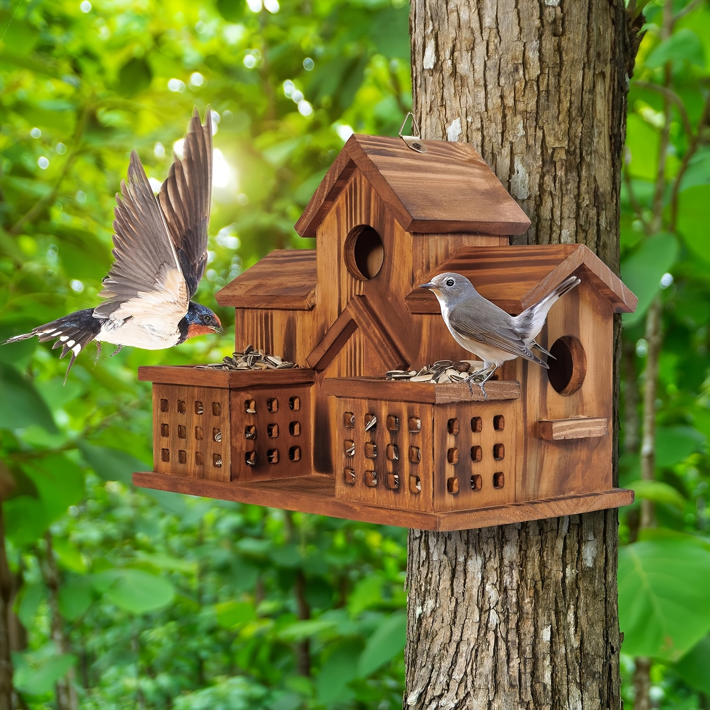 Three-Opening Wooden Birdhouse with Raised Center Roof, Twin Perched Side Trays and Hanging Loop