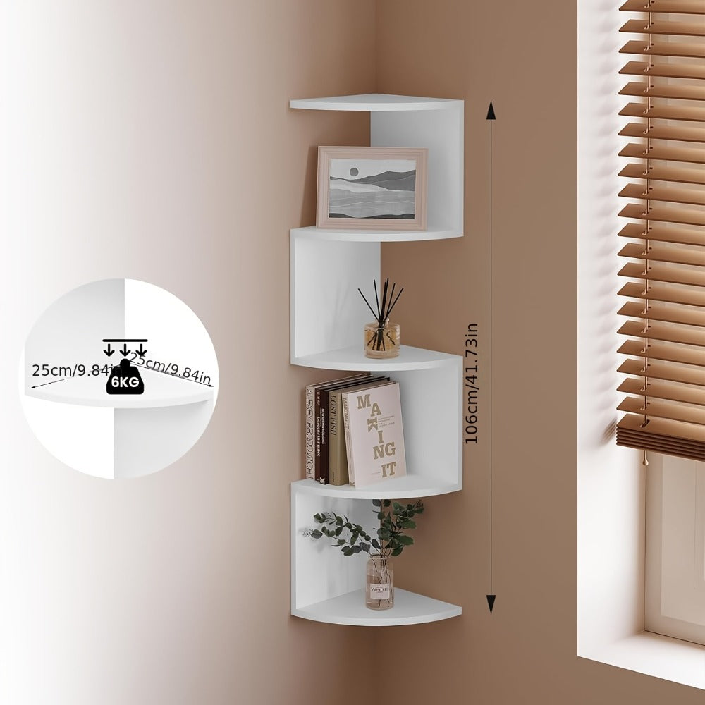 5-Tier Wall-Mounted Corner Shelf – Space-Saving Floating Storage Organizer in White Acrylic for Bathroom, Living Room, Bedroom, Kitchen & Office, Decorative Corner Rack & Versatile Room Organizer